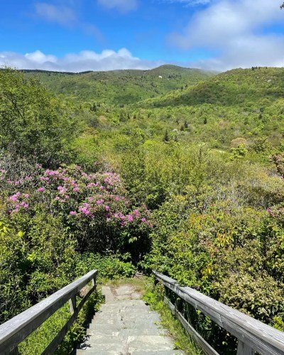 view of a staircase with the blue ridge mountains in the distance